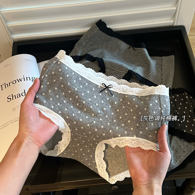 Peach Dona Gray Series Pure Desire Polka Dot Houndstooth Comfortable Pure Cotton Breathable Cotton Crotch Mid-Waist Briefs for Women