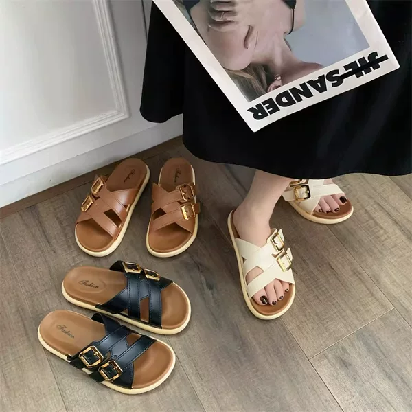 New Summer Outdoor Thick-Soled Slip-On Sandals for Women, Fashionable Versatile Casual Beach Double-Buckle Sandals 2026