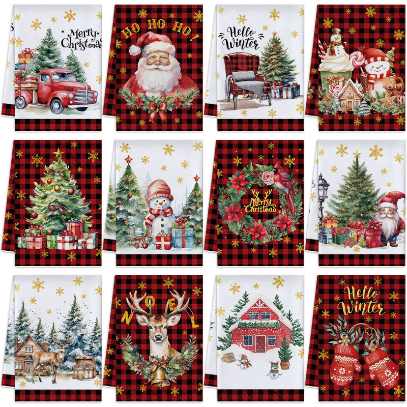 Cross-Border Dropshipping Can Be Labeled Christmas Kitchen Dish Towel Red Christmas Printed Table Decoration Holiday Towel