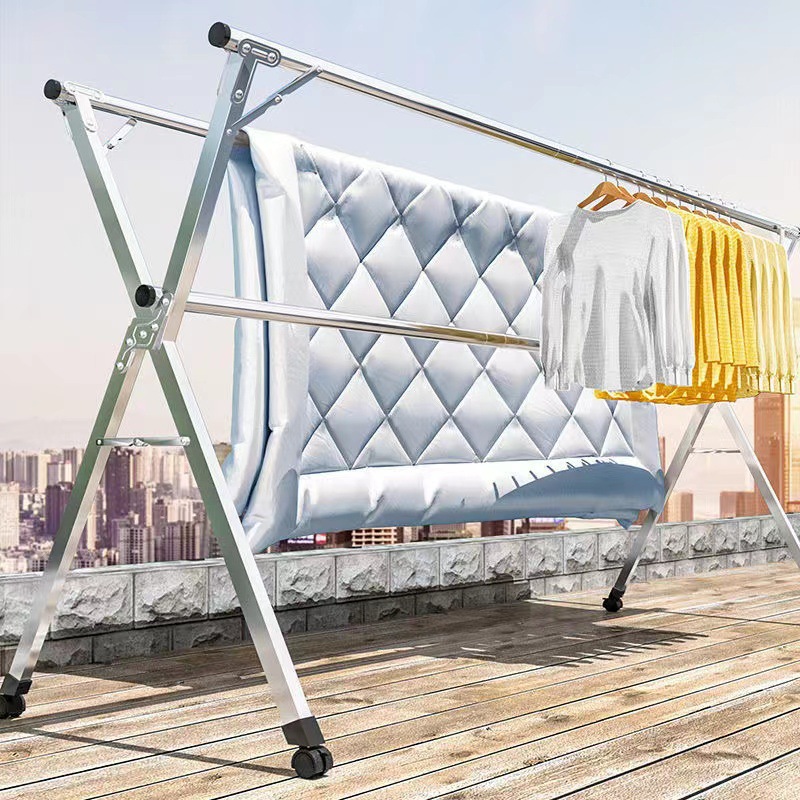 Stainless Steel Clothes Drying Rack, Floor-Standing Foldable Indoor Balcony Household Clothes Rack, Baby Hanging Drying Quilt Artifact Rod