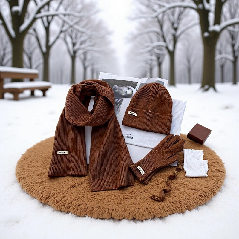 Autumn and Winter Korean Style Pure Color Knitted Scarf, Hat and Gloves Three-Piece Set, Warm and Versatile for Men and Women, Couple Models