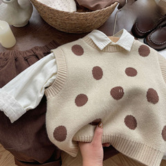2023 Korean Version Children's Spring and Autumn New Round Dot Vest Cardigan for Boys and Girls Retro Polka Dot Knit Top Trend