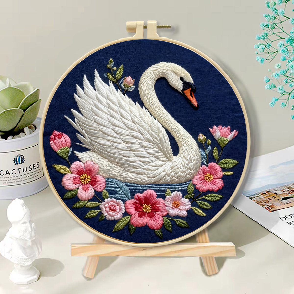 Flor hecha a mano patrón bordado DIY material paquete de cisne blanco creativo bordado de animales tela colgante principiante