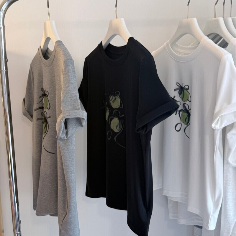 26 Summer Silky Jelly-Like Cotton T-Shirt for Women Korean Style Ribbon Bow Stitched Apple Print Round Neck Regular Shoulder Short Sleeves