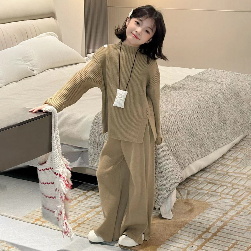 소녀 스웨터 세트 2024 가을 게으른 스타일 어린이 디자인 니트 탑 스플릿 바지 2 피스 세트