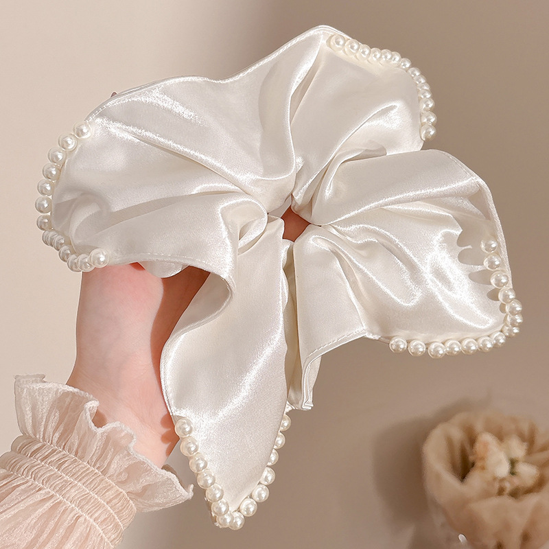 Elegante toallas de perlas cuadradas francesas anillo para el cabello femenino de alta calidad temperamento satén cuerda de cabeza anillo de intestino gran banda de goma para el cabello