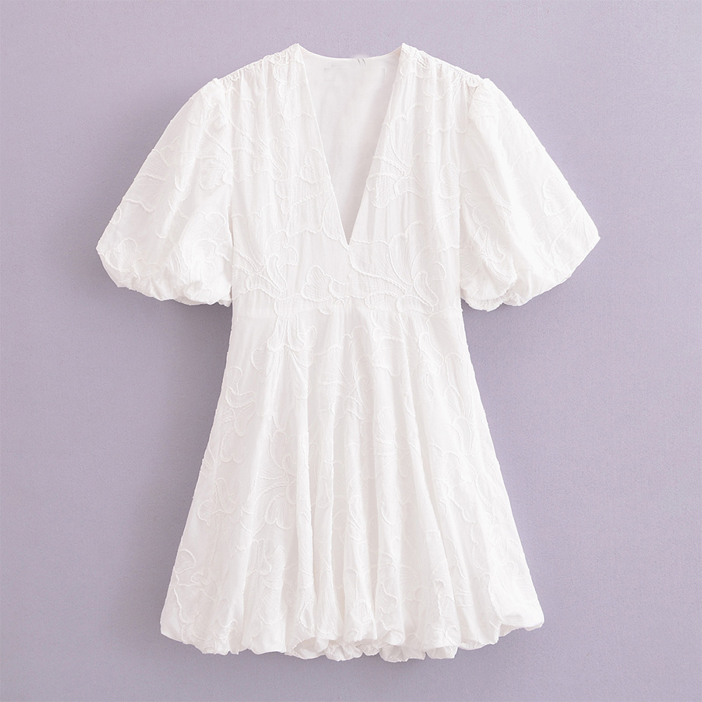 345g Weight Above Knee Dress Length Type Wholesale Women's Casual Elegant Pleated Flower Daily V Neck Short Sleeve Sheath Dress