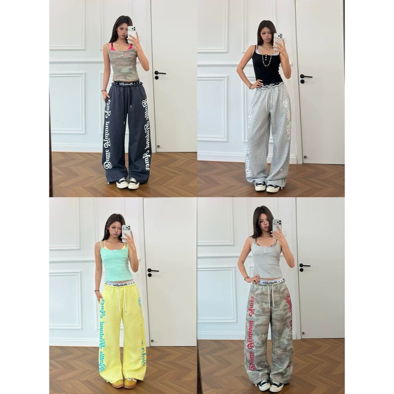 American-Style Spicy Retro Loose Casual Pants with Double Waistband and Letter Print Casual Wide-Leg Sweatpants