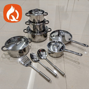 Wholesale cross-border stainless steel cookware suit thickened double bottom milk pan frying pan soup pot 15 piece set of foreign trade gifts