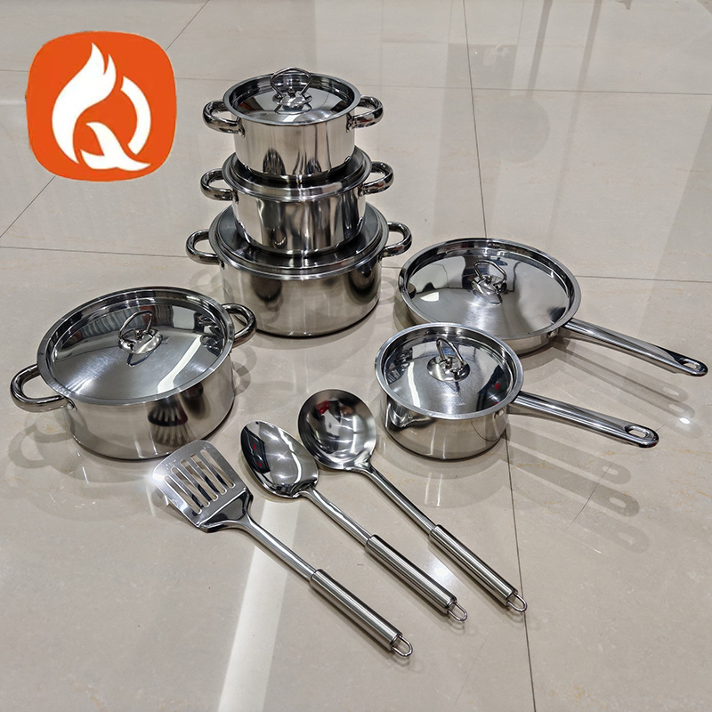 Wholesale cross-border stainless steel cookware suit thickened double bottom milk pan frying pan soup pot 15 piece set of foreign trade gifts