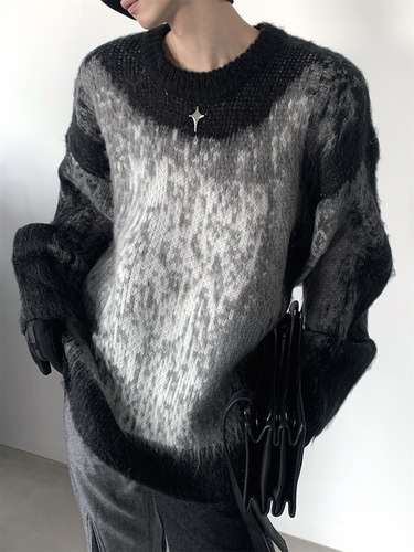 American niche design sense thick tie-dye deer plush sweater for men and women, round neck color-blocking lazy style sweater top trendy