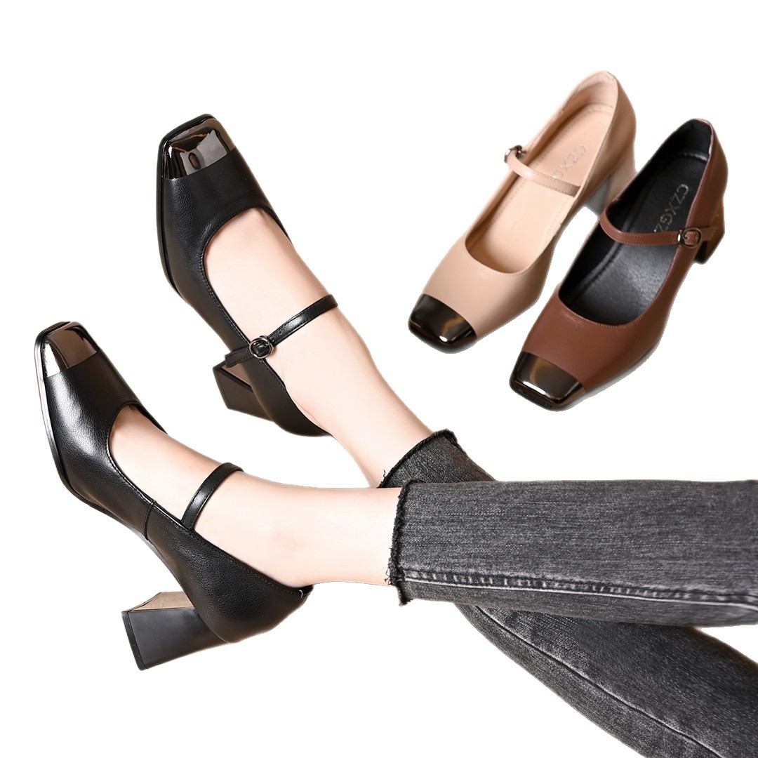 High Heels Square Toe Color Block Single 2026 New Export European And American Style Shallow Mouth Ankle Strap Thick High Heel_voghion.com