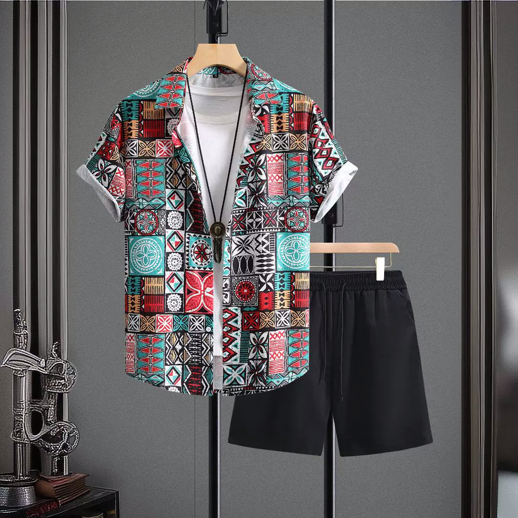 남자 남자 반팔 셔츠 반바지 세트 비치 캐주얼 남자 셔츠 바지 여름 2024 새로운 국경