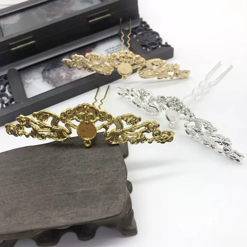 祥云仙鹤100mm双股发簪 小发冠 diy手工发饰古风饰品材料