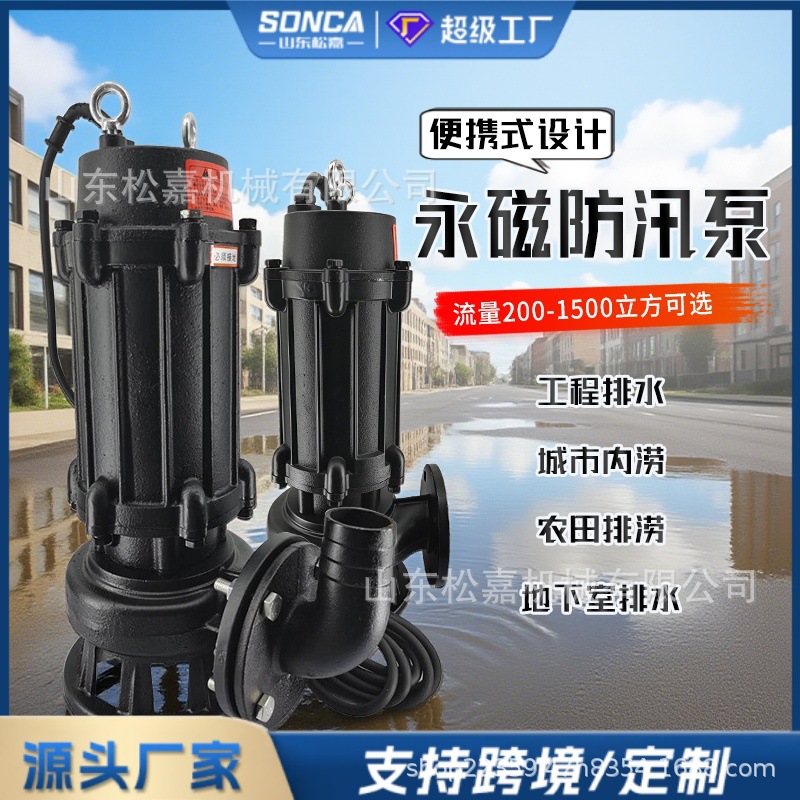 Bomba sumergible portátil de imán permanente, bomba sumergible para aguas residuales de drenaje de emergencia de gran flujo, bomba de control de inundaciones de alta elevación, bomba de acero inoxidable