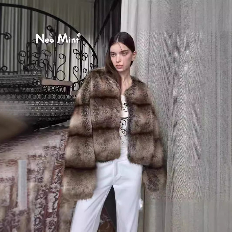 European and American Cross-Border Fur Coat for Women, Fashionable Lazy Style Striped Faux Fur Coat, Short Autumn and Winter Fox Fur Jacket