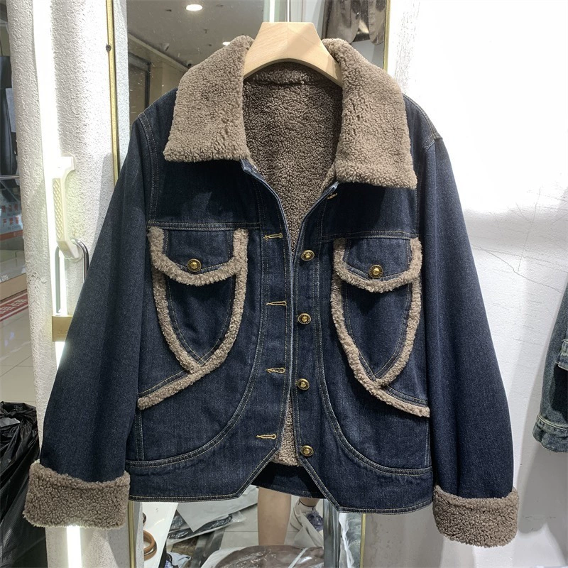 Fleece denim winter short jacket, high waist