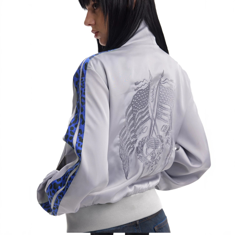American-style street short jacket for men and women, new autumn collection, embroidered leopard print satin stand-up collar jacket, subculture top American-style street short jacket for men and women, new autumn collection, embroidered leopard print satin stand-up collar jacket, subculture top