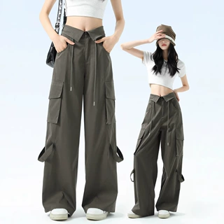 美式复古高街阔腿工装裤女春季2026新款高腰翻腰设计感运动休闲裤
