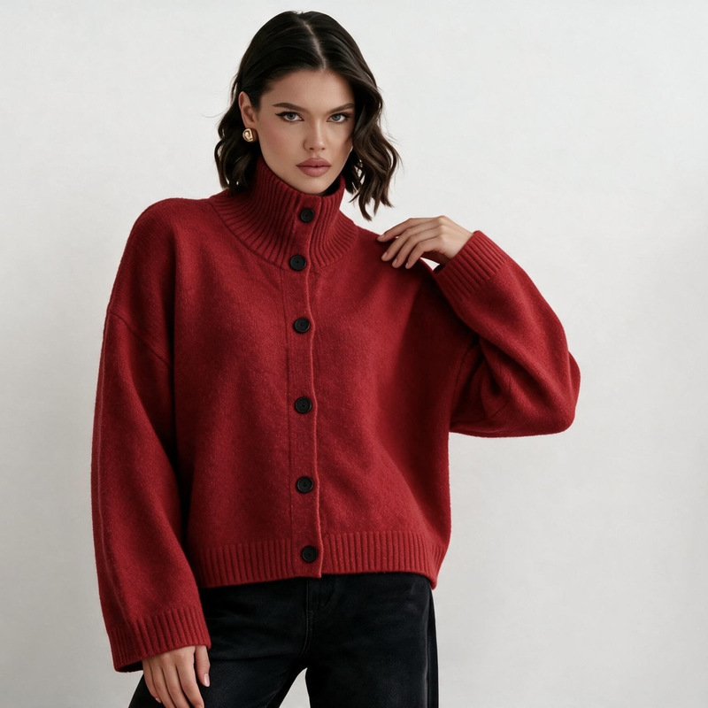 Warm stylish knit cardigan with stand-up collar, loose fit, fashionable and simple, solid color knitted cardigan for women Warm stylish knit cardigan with stand-up collar, loose fit, fashionable and simple, solid color knitted cardigan for women