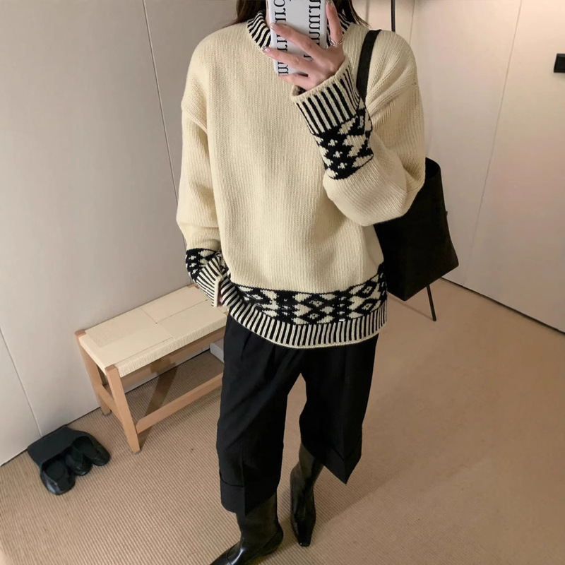 [Special Offer, No Returns or Exchanges] 50% off In-Stock Color-Blocked Vintage Loose Knit Jacquard Sweater