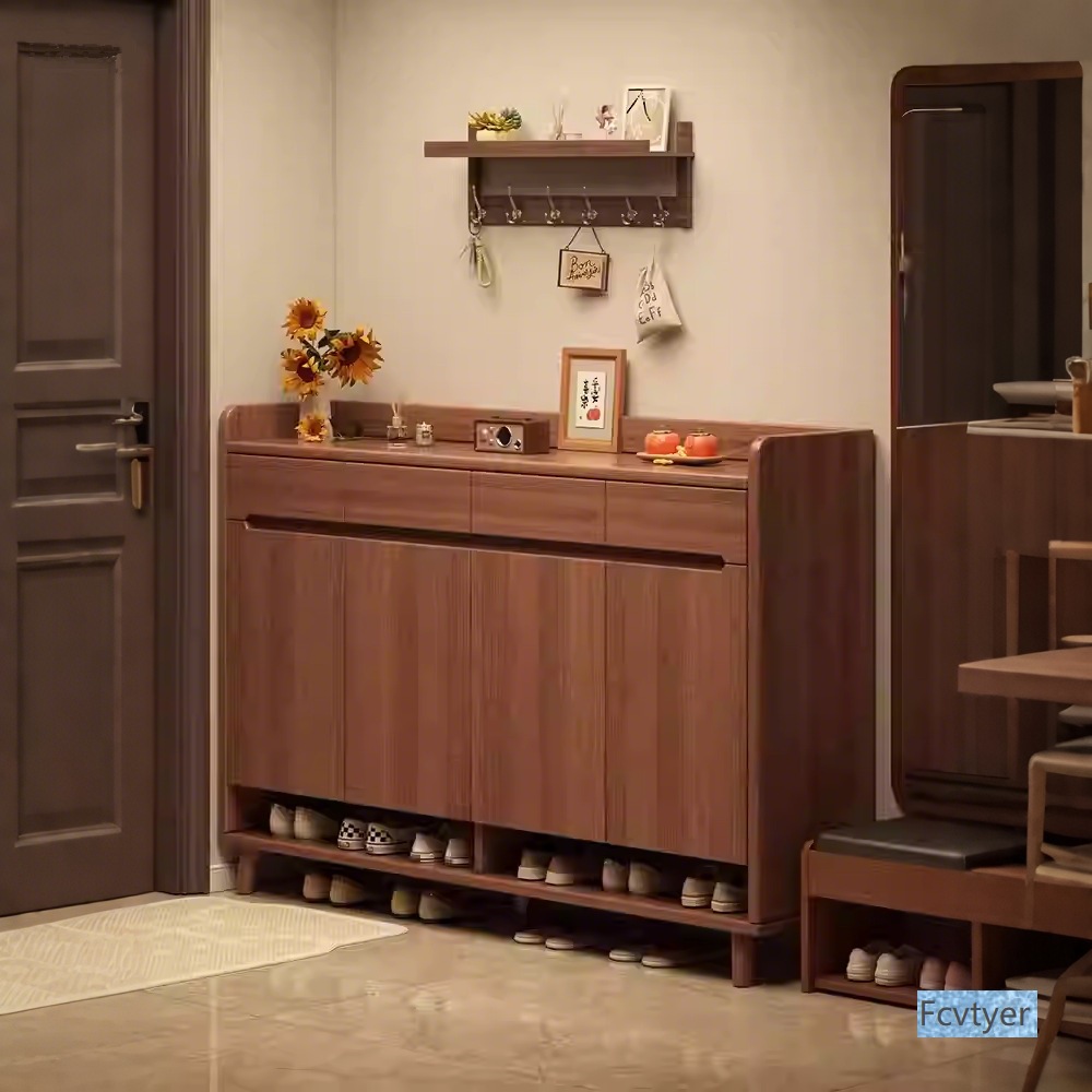 Shu Xiaochen Shoe Cabinet for Home Entrance, New Chinese Style Thickened Storage Cabinet, Solid Wood Wall-Mounted Entryway Cabinet, Integrated Shoe Rack for Entryway