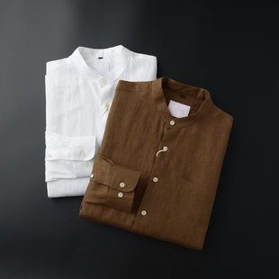 Hawaiian Linen Long-Sleeved Shirt Men's Spring & Fall New Stand-Up Collar Loose Shirt Loose Casual Top Jacket Trendy