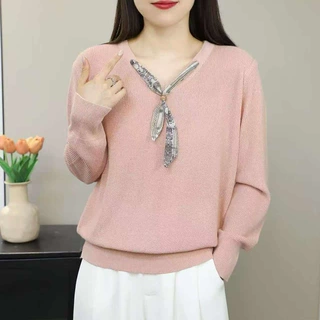 秋季新款v领系带丝巾针织衫女宽松长袖毛衣女装衣服气质百搭上衣