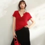短袖卷边v领亚麻针织衫