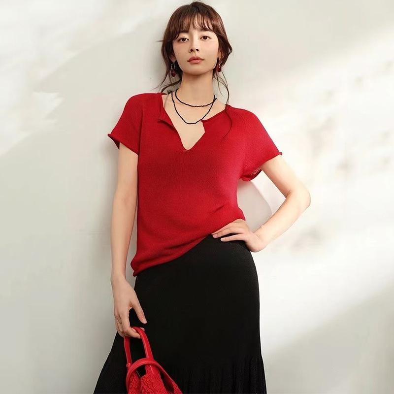 Japanese-Style Lazy Linen Knit Top for Women, Rolled Edge V-Neck Thin Commuter Short-Sleeve T-Shirt, Linen Knit Shirt Japanese-Style Lazy Linen Knit Top for Women, Rolled Edge V-Neck Thin Commuter Short-Sleeve T-Shirt, Linen Knit Shirt