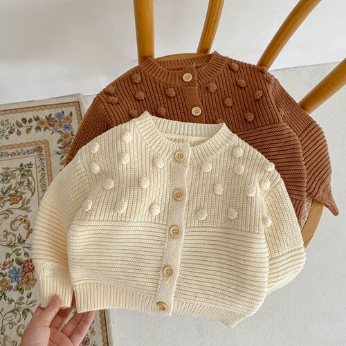  spring versatile men's and women's round neck handmade ball solid color knitted cotton long-sleeved cardigan jacket
