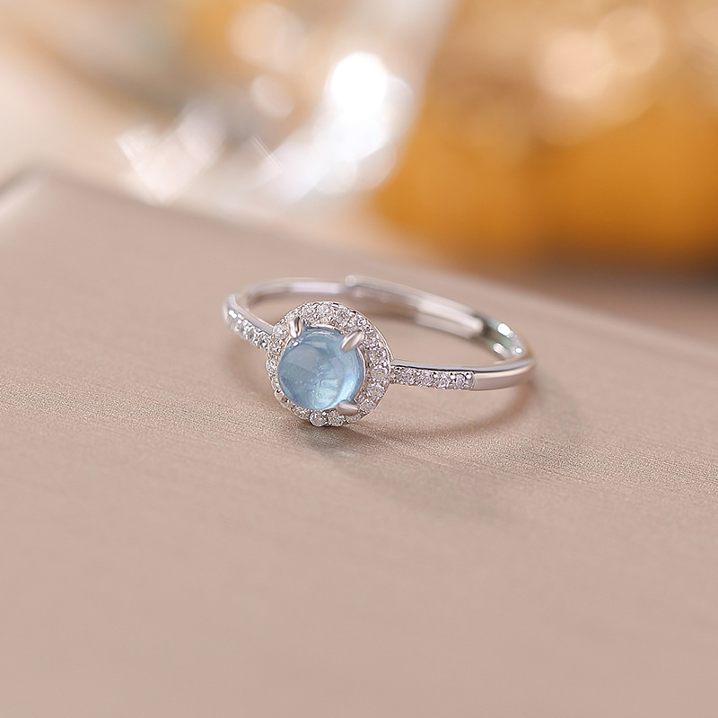 Nhẫn bạc S925 đính đá aquamarine hình học tròn lấp lánh — một mảnh