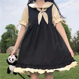蝴蝶结假两件拼接连衣裙夏季日系软妹娃娃领女学生韩版宽松A字裙