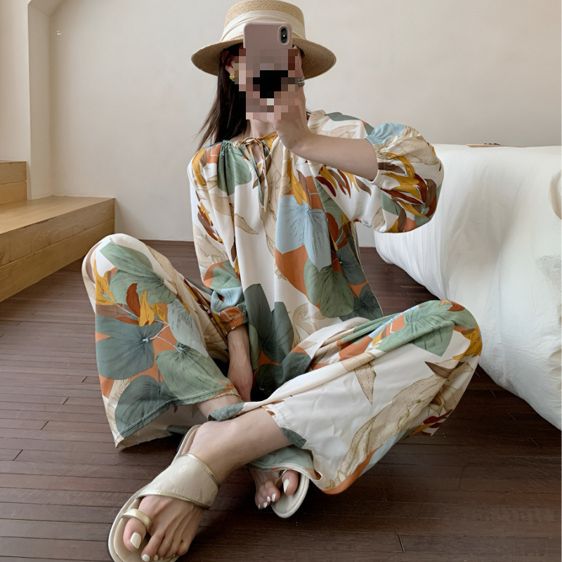 綿シルクパジャマセット女性のホーム服春と夏のパジャマ女性の夏フレンチレトロラウンドネック屋外で着用可能|undefined