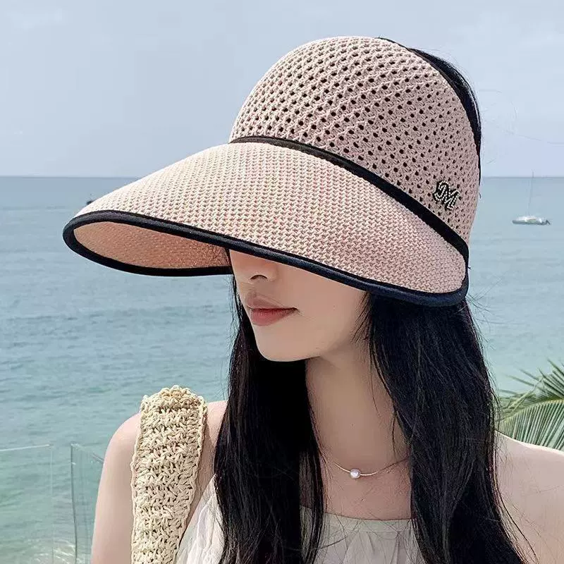 夏季新款大帽檐显脸小可扎马尾遮阳帽遮脸防晒太阳帽草编镂空帽子