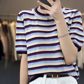 时尚百搭撞色蓝莓紫条纹针织短袖T恤女夏季宽松薄款拼色半袖上衣