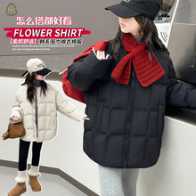 韩系女童冬季加厚棉衣2025新款女大童冬装围脖棉袄保暖棉服外套潮
