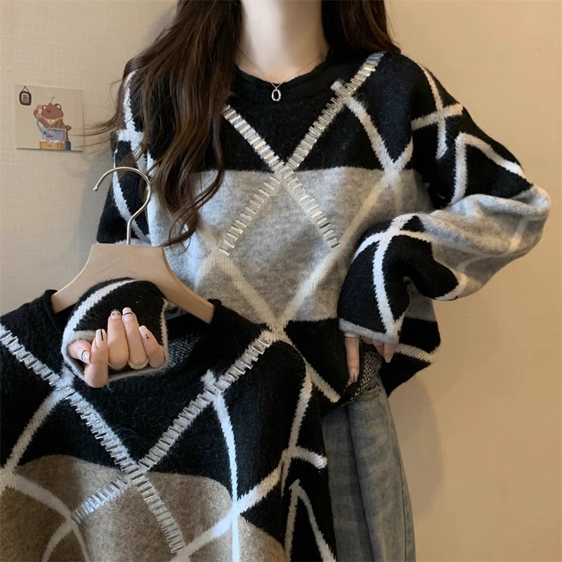 European 2025 Autumn and Winter New Fashionable Plaid Design Sense Big Brand Crewneck Sweater Women's Western Style Rhinestone Sweater Trendy