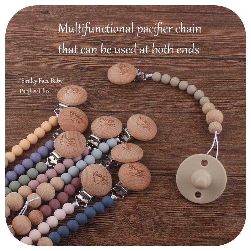 Bebé suministros de haya bebé Smiley cara forma chupete clip Beech cuentas de gel de sílice mordedor grano chupete cadena anti-pérdida