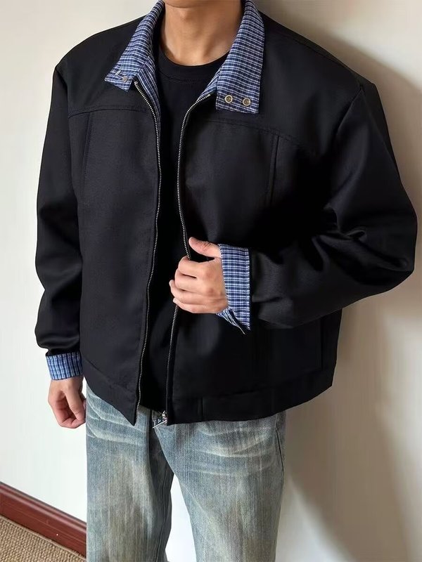 工装假两件夹克男士秋冬新款痞帅高级感潮男百搭格子拼接翻领外套|undefined