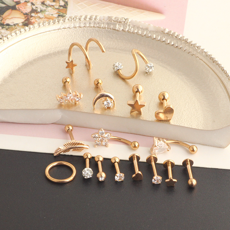 17pcs Stainless Steel 16G Ear Piercing Set: Love Earrings, Ear Clip, Ear Nail, Cartilage Studs detail image 7