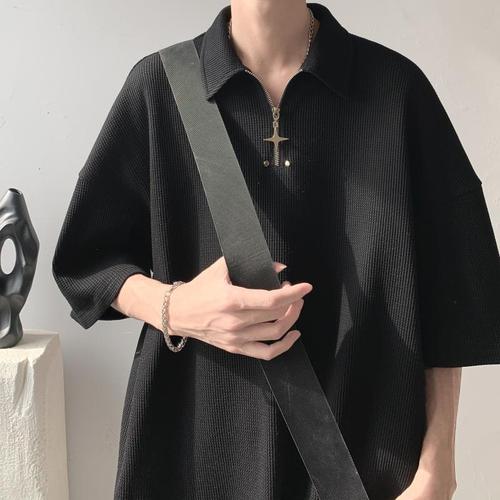 Men's Summer Loose Casual Plain Collared POLO Shirt American Streetwear Half Zip Short Sleeve T-Shirt with Honeycomb Pattern