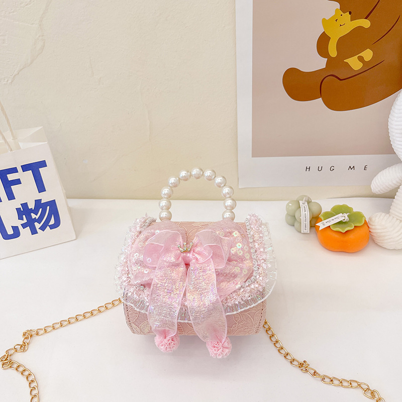 Bolso infantil de perlas 2024 nueva chica arco de moda, bolsa de tramo inclinada, princesa de moda, accesorios de algodón y lino, bolso