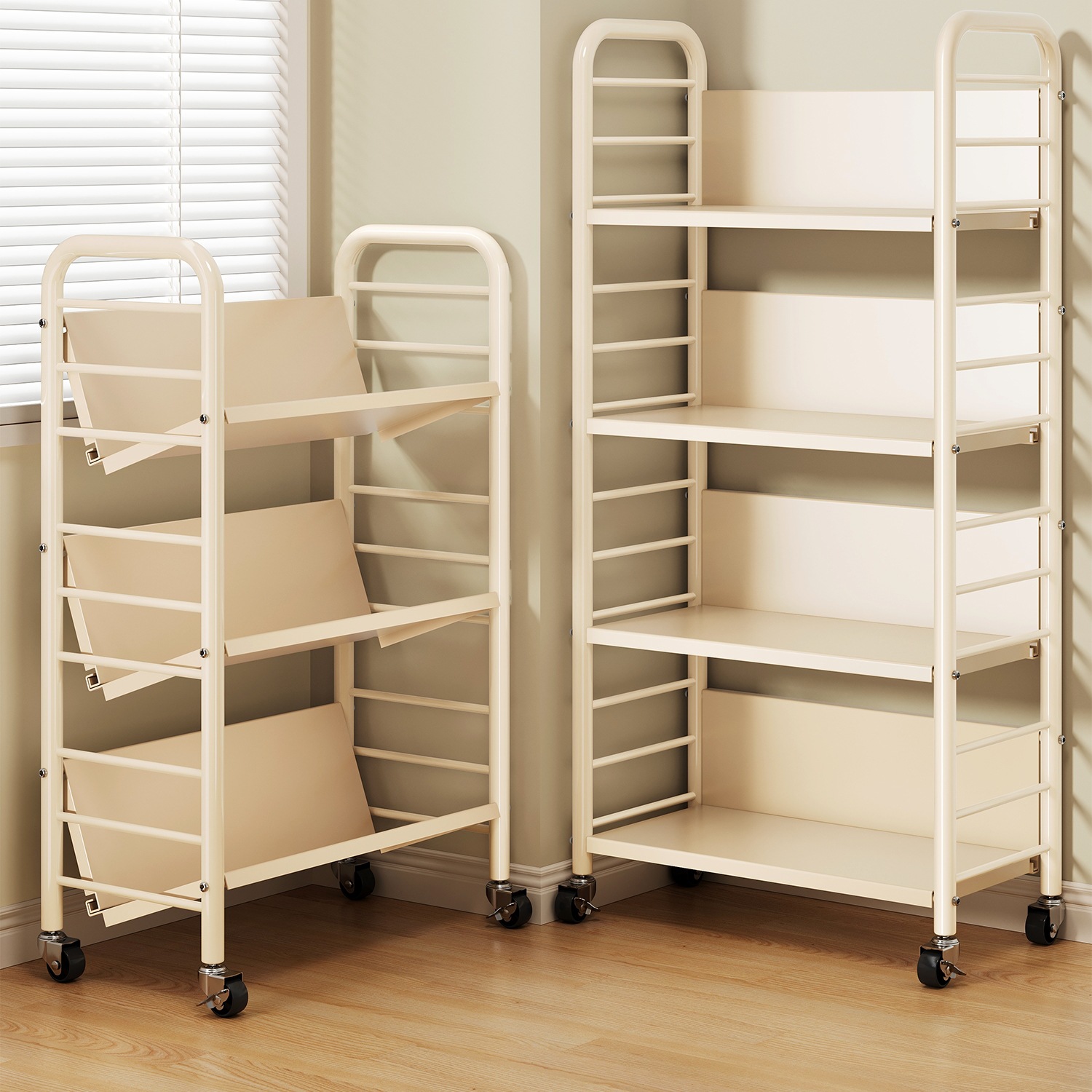 Iron Bookshelf Floor-Standing Storage Rack Living Room Wall-Mounted Movable Wheeled Bookcase Multi-Layer Storage Rack Children's Toy Rack