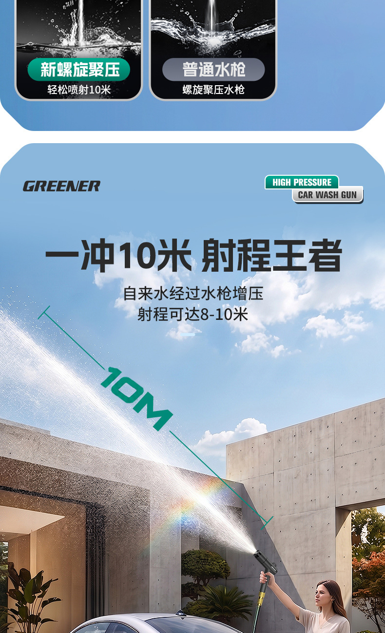 Green Forest High-Pressure Car Wash Water Gun for Window Washing, Household Garden Telescopic Hose, Connects to Tap Water, Powerful Pressure Boost