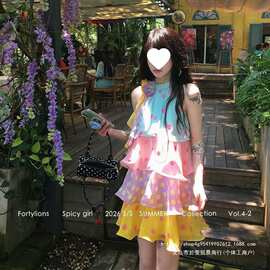韩系清新甜美彩色波点连衣裙女夏季新款公主风明媚彩虹蛋糕裙短裙