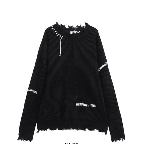 Designer Minimalist Knit Sweater for Both Men and Women, Trendy Brand with Embroidered Stitching, Distressed and Holey Round Neck Knit Sweater