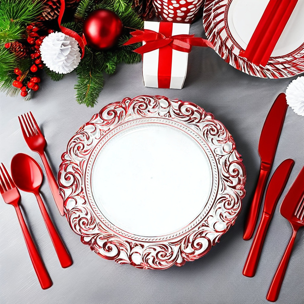 Fábrica directa de platos de banquete europeos platos de fiesta almohadilla de aislamiento térmico almohadilla de comedor occidental de fondo blanco borde rojo