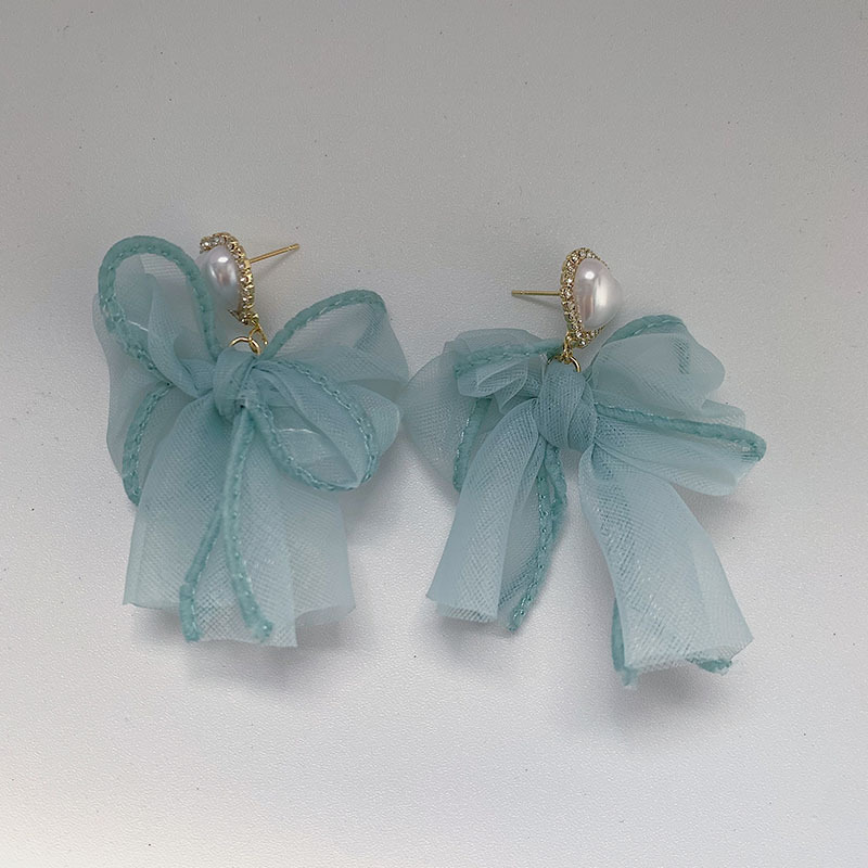 1 Paire Sucré Forme De Cœur Noeud D'arc Chiffon Perles Artificielles Femmes Boucles D'oreilles display picture 5