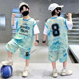 Boys' Basketball Uniform Set Chinese Style Short-Sleeved Jersey 8 Medium and Large Kidsren's Outdoor Sports Quick-Drying Clothing Kidsren's No. 8 Jersey